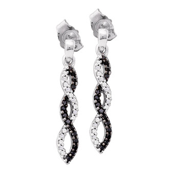 Earrings |  10kt White Gold Womens Round Black Color Enhanced Diamond Twist Dangle Earrings 1/6 Cttw |  Splendid Jewellery