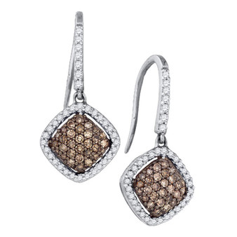 Earrings |  10kt White Gold Womens Round Brown Diamond Square Cluster Dangle Earrings 5/8 Cttw |  Splendid Jewellery