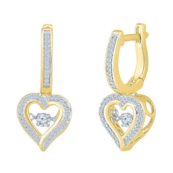Earrings |  10kt Yellow Gold Womens Round Diamond Heart Dangle Hoop Earrings 1/4 Cttw |  Splendid Jewellery