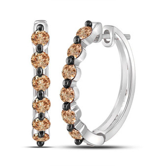 Earrings |  10kt White Gold Womens Round Brown Diamond Hoop Earrings 1 Cttw |  Splendid Jewellery