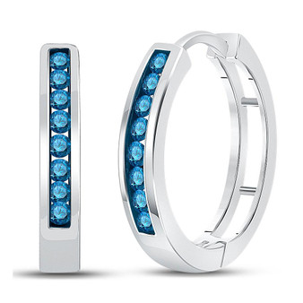 Earrings |  14kt White Gold Womens Round Blue Color Enhanced Diamond Hoop Earrings 1/2 Cttw |  Splendid Jewellery