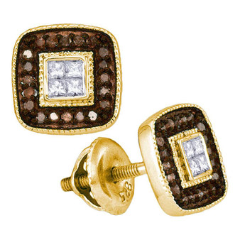 Earrings |  10kt Yellow Gold Womens Round Brown Diamond Square Cluster Earrings 1/3 Cttw |  Splendid Jewellery