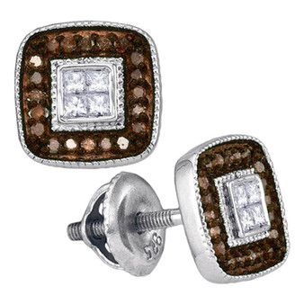 Earrings |  10kt White Gold Womens Round Brown Diamond Square Cluster Earrings 1/3 Cttw |  Splendid Jewellery