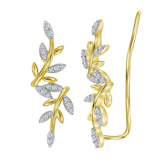 Earrings |  10kt Yellow Gold Womens Round Diamond Floral Climber Earrings 1/5 Cttw |  Splendid Jewellery