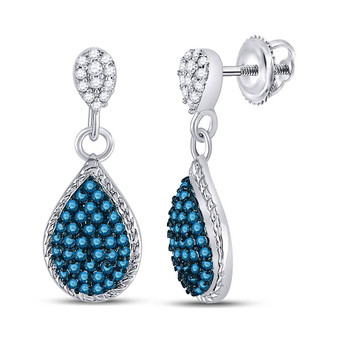 Earrings |  10kt White Gold Womens Round Blue Color Enhanced Diamond Teardrop Dangle Earrings 1/2 Cttw |  Splendid Jewellery