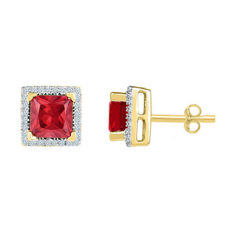 Earrings |  10kt Yellow Gold Womens Princess Lab-Created Ruby Stud Earrings 2 Cttw |  Splendid Jewellery