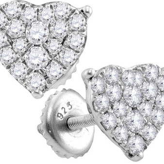 Earrings |  10kt White Gold Womens Round Diamond Heart Cluster Stud Earrings 3/4 Cttw |  Splendid Jewellery