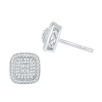 Earrings |  10kt White Gold Womens Round Diamond Cluster Square Earrings 5/8 Cttw |  Splendid Jewellery