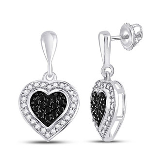 Earrings |  10kt White Gold Womens Round Black Color Enhanced Diamond Heart Dangle Earrings 1/2 Cttw |  Splendid Jewellery
