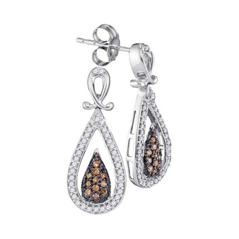 Earrings |  10kt White Gold Womens Round Brown Diamond Teardrop Dangle Earrings 1/3 Cttw |  Splendid Jewellery