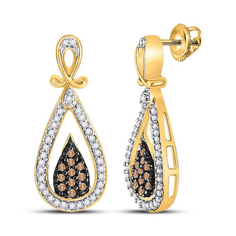 Earrings |  10kt Yellow Gold Womens Round Brown Diamond Teardrop Dangle Earrings 1/3 Cttw |  Splendid Jewellery