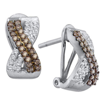 Earrings |  14kt White Gold Womens Round Brown Diamond Crossover Hoop Earrings 1/2 Cttw |  Splendid Jewellery