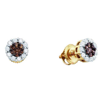Earrings |  14kt Yellow Gold Womens Round Brown Diamond Flower Cluster Earrings 1/2 Cttw |  Splendid Jewellery