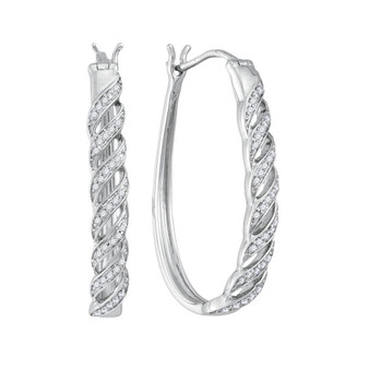 Earrings |  10kt White Gold Womens Round Diamond Oblong Hoop Earrings 1/5 Cttw |  Splendid Jewellery