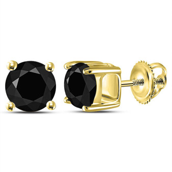 Earrings |  14kt Yellow Gold Unisex Round Black Color Enhanced Diamond Solitaire Stud Earrings 2 Cttw |  Splendid Jewellery