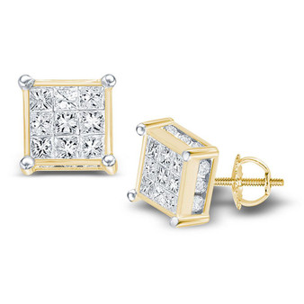 Earrings |  14kt Yellow Gold Womens Princess Diamond Cluster Stud Earrings 1/4 Cttw |  Splendid Jewellery