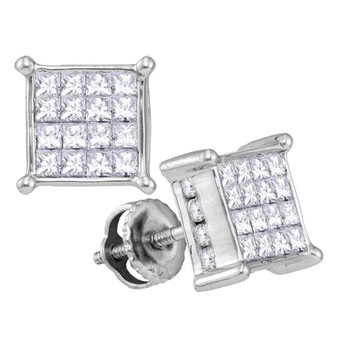 Earrings |  14kt White Gold Womens Princess Diamond Cluster Stud Earrings 1 Cttw |  Splendid Jewellery