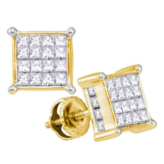 Earrings |  14kt Yellow Gold Womens Princess Diamond Cluster Stud Earrings 1 Cttw |  Splendid Jewellery