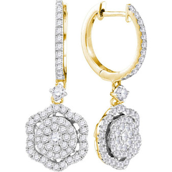 Earrings |  14kt Yellow Gold Womens Round Diamond Hexagon Frame Cluster Dangle Earrings 1 Cttw |  Splendid Jewellery