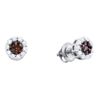 Earrings |  14kt White Gold Womens Round Brown Diamond Cluster Earrings 1 Cttw |  Splendid Jewellery