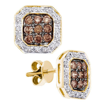 Earrings |  14kt Yellow Gold Womens Round Brown Diamond Cluster Earrings 3/4 Cttw |  Splendid Jewellery
