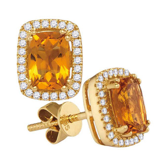 Earrings |  14kt White Gold Womens Cushion Citrine Solitaire Diamond Frame Earrings 1 Cttw |  Splendid Jewellery