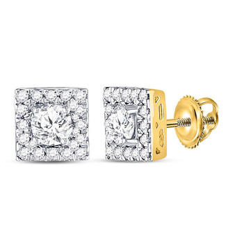 Earrings |  10kt Yellow Gold Womens Round Diamond Square Halo Earrings 3/4 Cttw |  Splendid Jewellery