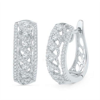 Earrings |  10kt White Gold Womens Round Diamond Crisscrossed Openwork Hoop Earrings 3/4 Cttw |  Splendid Jewellery