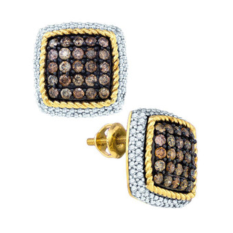 Earrings |  10kt Yellow Gold Womens Round Brown Diamond Rope Square Earrings 1-1/3 Cttw |  Splendid Jewellery