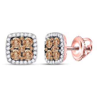 Earrings |  14kt Rose Gold Womens Round Brown Diamond Square Cluster Earrings 1 Cttw |  Splendid Jewellery