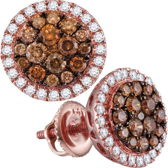 Earrings |  14kt Rose Gold Womens Round Brown Diamond Circle Frame Cluster Earrings 1 Cttw |  Splendid Jewellery