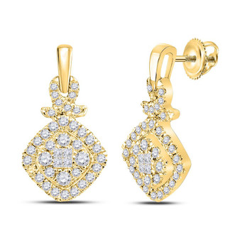 Earrings |  14kt Yellow Gold Womens Princess Diamond Cushion Cluster Dangle Earrings 1/2 Cttw |  Splendid Jewellery