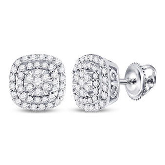Earrings |  14kt White Gold Womens Round Diamond Cushion Halo Cluster Earrings 1/2 Cttw |  Splendid Jewellery