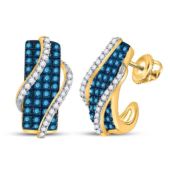Earrings |  10kt Yellow Gold Womens Round Blue Color Enhanced Diamond Half J Hoop Earrings 1 Cttw |  Splendid Jewellery