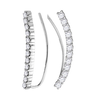 Earrings |  14kt White Gold Womens Round Diamond Curved Bowed Climber Earrings 1 Cttw |  Splendid Jewellery