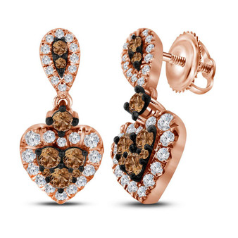 Earrings |  10kt Rose Gold Womens Round Brown Diamond Heart Dangle Earrings 1 Cttw |  Splendid Jewellery