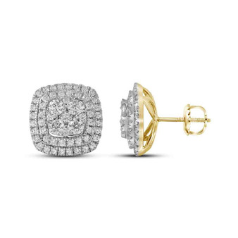Earrings |  14kt Yellow Gold Womens Round Diamond Double Square Frame Cluster Earrings 1-1/2 Cttw |  Splendid Jewellery