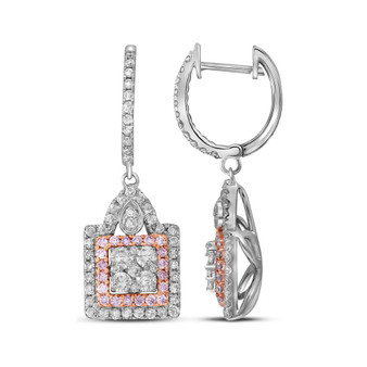 Earrings |  14kt White Gold Womens Round Pink Diamond Square Cluster Dangle Earrings 1 Cttw |  Splendid Jewellery