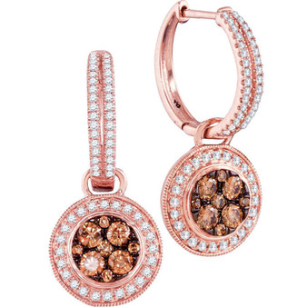 Earrings |  14kt Rose Gold Womens Round Brown Diamond Circle Cluster Dangle Earrings 1 Cttw |  Splendid Jewellery