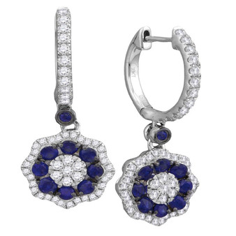 Earrings |  18kt White Gold Womens Round Blue Sapphire Dangle Earrings 1-1/4 Cttw |  Splendid Jewellery