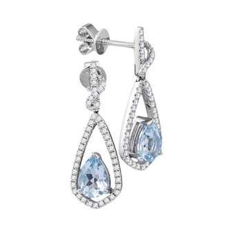 Earrings |  14kt White Gold Womens Pear Natural Aquamarine Diamond Dangle Earrings 1/3 Cttw |  Splendid Jewellery