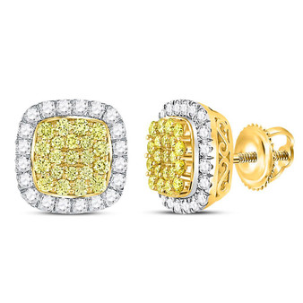Earrings |  14kt Yellow Gold Womens Round Canary Yellow Diamond Square Frame Cluster Earrings 2 Cttw |  Splendid Jewellery