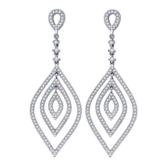 Earrings |  14kt White Gold Womens Round Diamond Oval Dangle Earrings 1 Cttw |  Splendid Jewellery