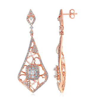 Earrings |  14kt Rose Gold Womens Round Diamond Heart Pattern Dangle Earrings 1-3/4 Cttw |  Splendid Jewellery