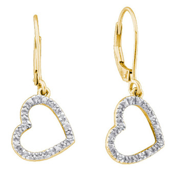 Earrings |  10kt Yellow Gold Womens Round Diamond Heart Dangle Earrings 1/20 Cttw |  Splendid Jewellery