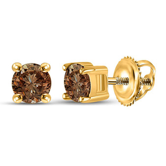 Earrings |  10kt Yellow Gold Womens Round Brown Diamond Solitaire Earrings 1 Cttw |  Splendid Jewellery