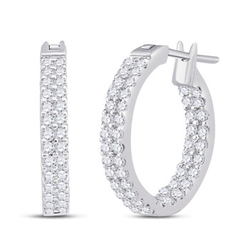 Earrings |  14kt White Gold Womens Round Diamond Inside Outside Double Row Hoop Earrings 1 Cttw |  Splendid Jewellery
