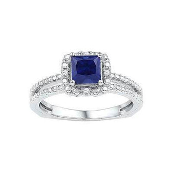 Sterling Silver Solitaire Diamond and Lab Blue Sapphire Ring