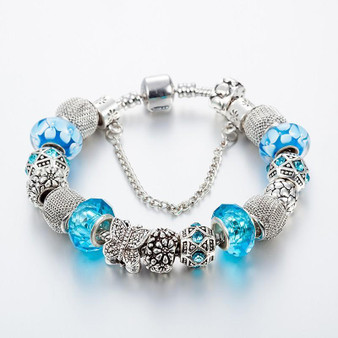 Silver Bracelet with Butterfly Charm and Glass Beads