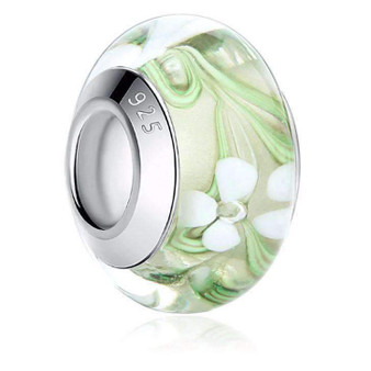 925 Sterling Silver Green Flower Glass Charm Compatible With Pandora Bracelets